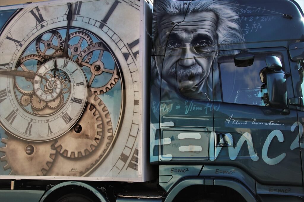 physicist, energy, einstein, genius, mc2, equation, mathematician, physics, truck, time window, transport, vehicle, logistics, the theory of relativity, albert, time pressure, appointment, at rest, clock face, vice, second, painted, cięzarówka, van, roman numerals, einstein, einstein, einstein, einstein, einstein, physics, physics, physics